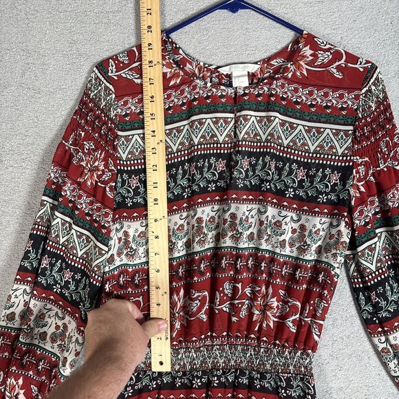 H&M Conscious Womens Maxi Dress 8 Chiffon Red Floral Sheer Smocked Boho Key Hole - Picture 5 of 16